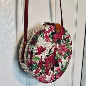 Straw Studios Round Straw Handbag Painted Hibiscus | Crossbody Bag Floral Print
